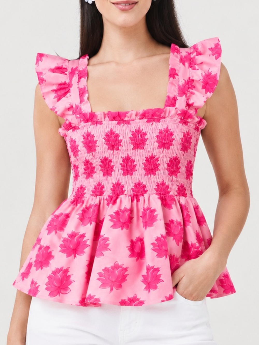 J. Marie Pink Lotus Print Smocked Peplum Top Preppy Cottagecore Feminine XS